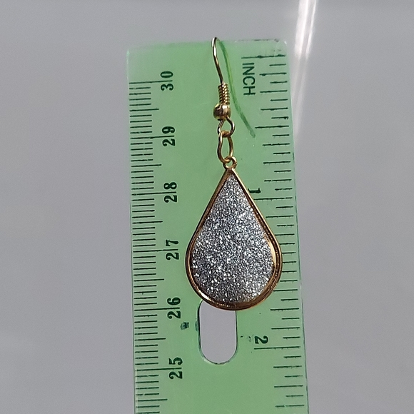 E739 Goldtone Teardrop with Silver Sparkle Glitter Accent Earrings - Picture 3 of 7